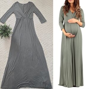 Mother Bee Olive Green V-Neck 3/4 Sleeve Ruched Waist Maxi Dress, Size Small